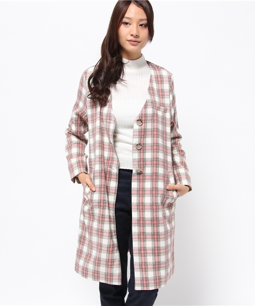 OUTLET(アウトレット)の「【Ciaopanic】オリジナルチェックシングルノーカラーコート(ノーカラージャケット・レディース・グレー/レッド・FREE)」の12枚目の写真