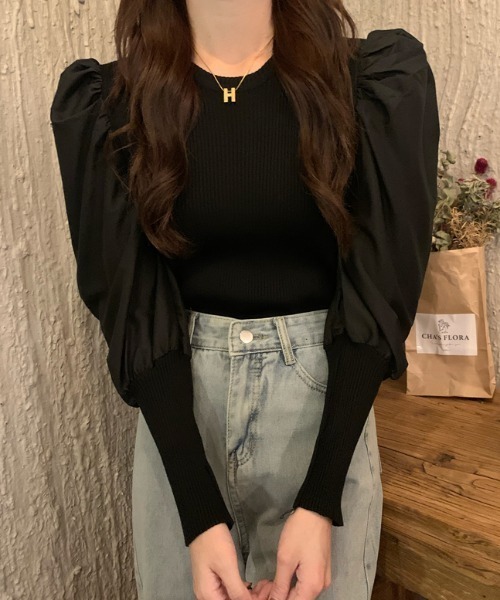 Loueme(ルエム)の「異素材ドッキングパワショルリブトップス(Tシャツ/カットソー・レディース・ホワイト/ブラック・FREE)」の16枚目の写真