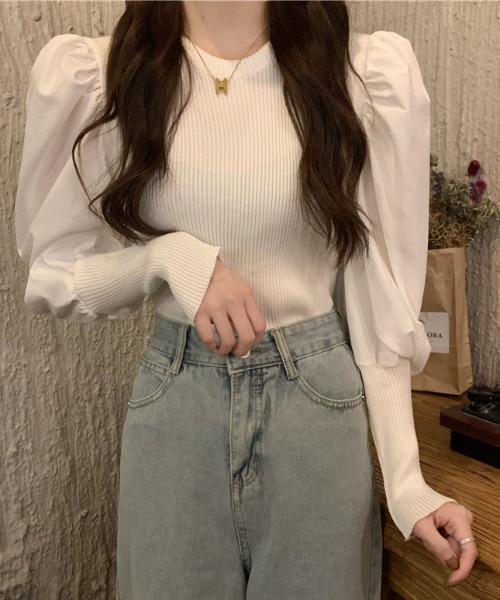 Loueme(ルエム)の「異素材ドッキングパワショルリブトップス(Tシャツ/カットソー・レディース・ホワイト/ブラック・FREE)」の21枚目の写真