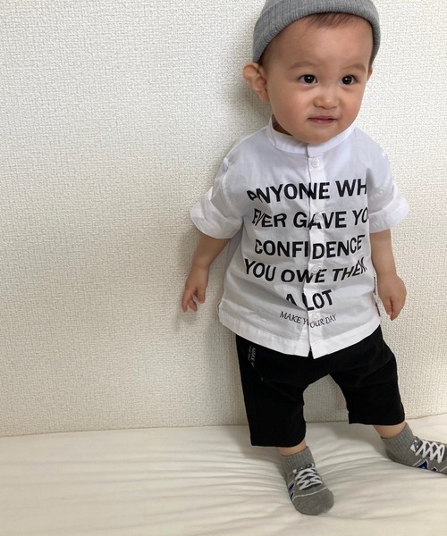 MAKE YOUR DAY(メイクユアデイ)の「ロゴプリントバンドカラーシャツ■80~140cm(シャツ/ブラウス・キッズ・オフホワイト/サックスブルー・90/100/110/120/80/130/140)」の18枚目の写真
