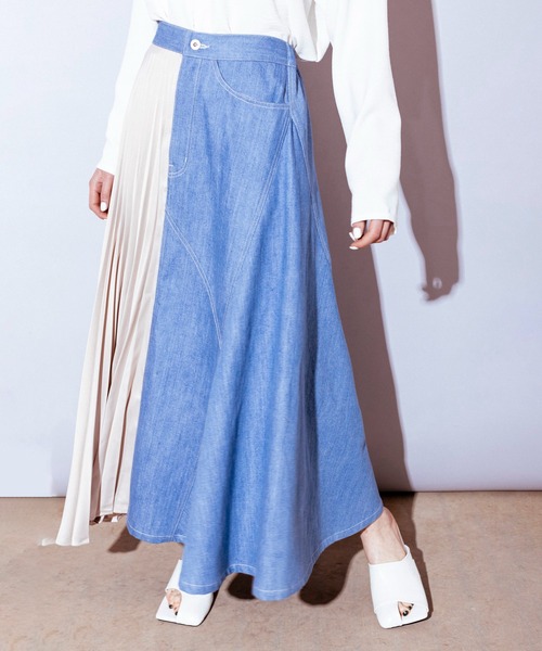 OSMOSIS（オズモーシス）の「プリーツ切替デニムスカート（デニムスカート・レディース・ライトブルー/ネイビー/ブルー・ONE SIZE）」の2枚目の写真