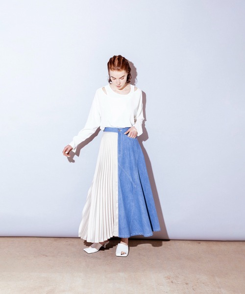 OSMOSIS（オズモーシス）の「プリーツ切替デニムスカート（デニムスカート・レディース・ライトブルー/ネイビー/ブルー・ONE SIZE）」の16枚目の写真