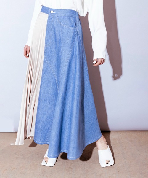 OSMOSIS（オズモーシス）の「プリーツ切替デニムスカート（デニムスカート・レディース・ライトブルー/ネイビー/ブルー・ONE SIZE）」の4枚目の写真