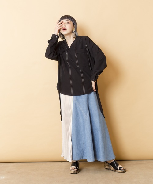 OSMOSIS（オズモーシス）の「プリーツ切替デニムスカート（デニムスカート・レディース・ライトブルー/ネイビー/ブルー・ONE SIZE）」の13枚目の写真