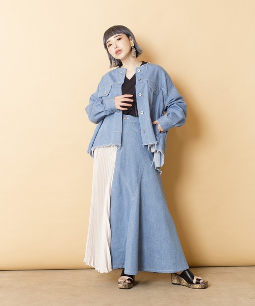 OSMOSIS（オズモーシス）の「プリーツ切替デニムスカート（デニムスカート・レディース・ライトブルー/ネイビー/ブルー・ONE SIZE）」の9枚目の写真