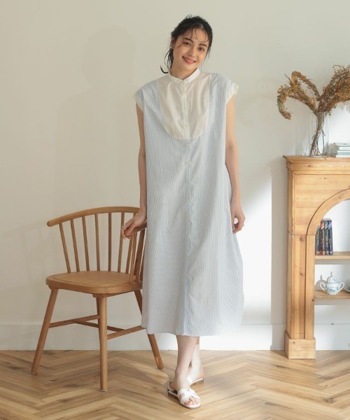 DONOBAN（ドノバン）の「ストライプブザム切替ワンピース（シャツワンピース・レディース・ホワイト/ライトブルー・F）」の2枚目の写真