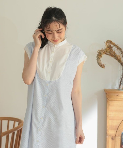 DONOBAN（ドノバン）の「ストライプブザム切替ワンピース（シャツワンピース・レディース・ホワイト/ライトブルー・F）」の4枚目の写真