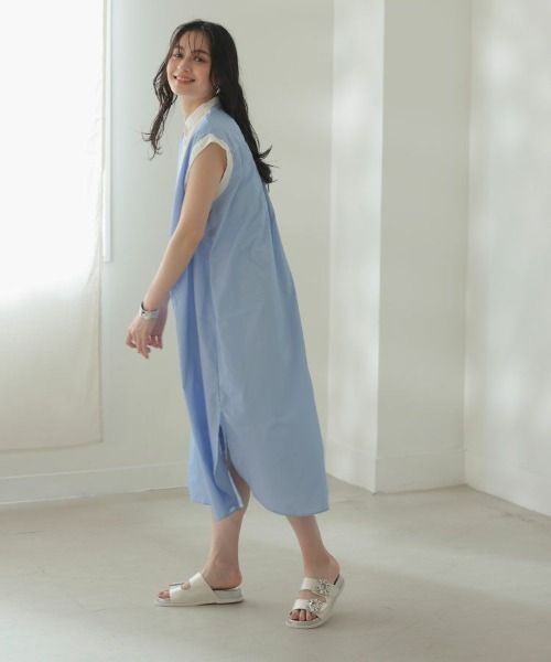 DONOBAN（ドノバン）の「ストライプブザム切替ワンピース（シャツワンピース・レディース・ホワイト/ライトブルー・F）」の6枚目の写真