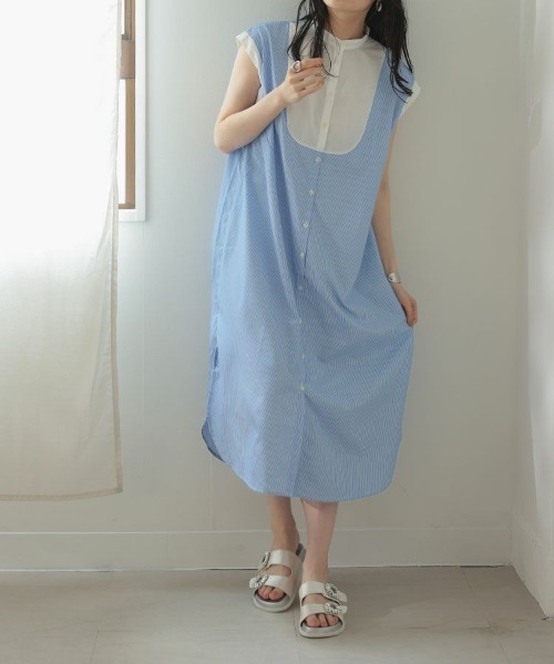 DONOBAN（ドノバン）の「ストライプブザム切替ワンピース（シャツワンピース・レディース・ホワイト/ライトブルー・F）」の8枚目の写真