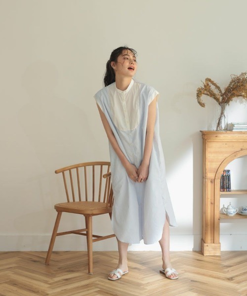 DONOBAN（ドノバン）の「ストライプブザム切替ワンピース（シャツワンピース・レディース・ホワイト/ライトブルー・F）」の3枚目の写真