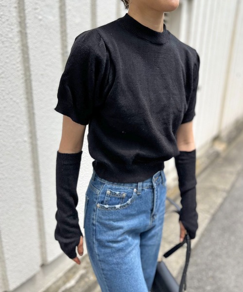 Jewelobe(ジュエローブ)の「アームウォーマー付きクルーネック半袖ニットトップス(ニット/セーター・レディース・ブラック/パープル/レッド/オフホワイト/グリーン・FREE)」の15枚目の写真