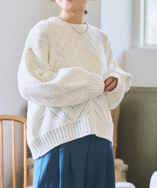 studio CLIP（スタディオクリップ）の「【my fit CLIP/WEB限定】3ゲージ柄編みカラーニット（ニット/セーター・レディース・レッド/グリーン/ライトブルー/オフホワイト・FREE）」の7枚目の写真