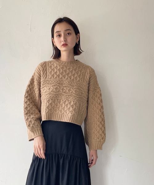 CLEIO（クレイオ）の「【CLEIO】パッチワークケーブルニット（ニット/セーター・レディース・カーキ/アイボリー/ブラック/ベージュ・FREE）」の20枚目の写真