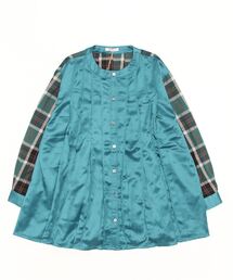 sandy/チェックｘサテン切り替えタックフレアーチュニック