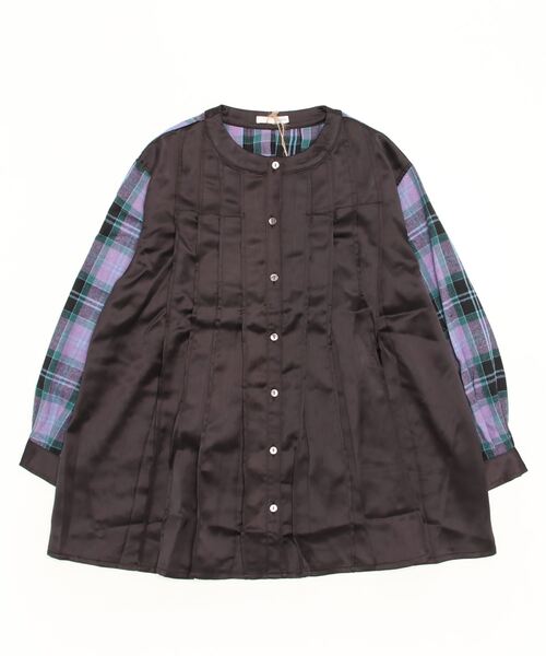 sandy（サンディー）の「sandy/チェックｘサテン切り替えタックフレアーチュニック（チュニック・レディース・カーキ/ブラック/ブルー・FREE）」の2枚目の写真