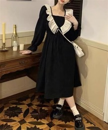 配色フリルシャーリングワンピース