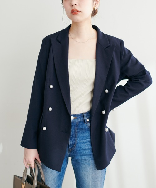 natural couture(ナチュラルクチュール)の「osonoパール釦テーラードジャケット(テーラードジャケット・レディース・ネイビー/ベージュ/キャメル・FREE)」の3枚目の写真