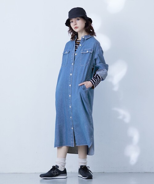 J.PRESS YORK STREET(ジェイプレスヨークストリート)の「【WOMEN】デニムロングシャツ ワンピース(シャツワンピース・レディース・ネイビー系/ダルブルー系・F)」の6枚目の写真
