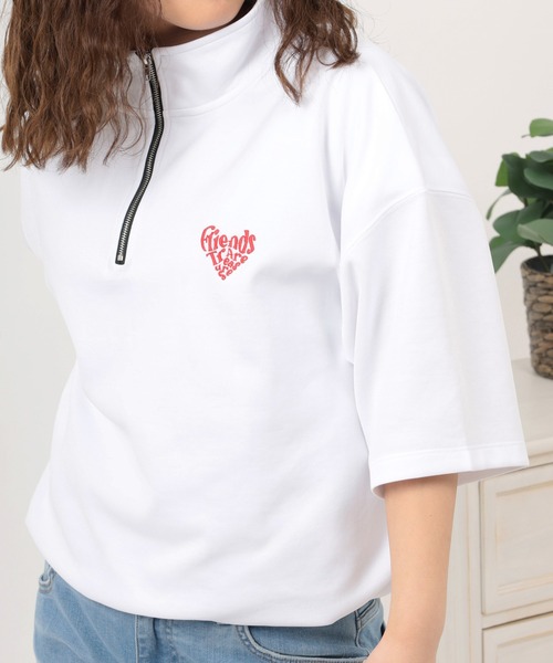 make a ray!（メイク ア レイ！）の「【別注】ハートロゴ＆ヒゲ サガラ刺繍 ワンポイントロゴ  ハーフジップ 半袖Tシャツ/レトロ（Tシャツ/カットソー・レディース・ホワイト/ブラック/ダークグリーン/オフホワイト・M/L）」の20枚目の写真