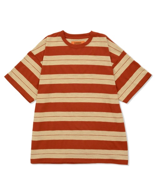 UNIVERSAL OVERALL（ユニバーサルオーバーオール）の「ボーダーTシャツ / BORDER OVER TEE（Tシャツ/カットソー・メンズ・ブラック×グリーン/グリーン系その他2/オレンジ系その他2・M/S/XL/L）」の4枚目の写真