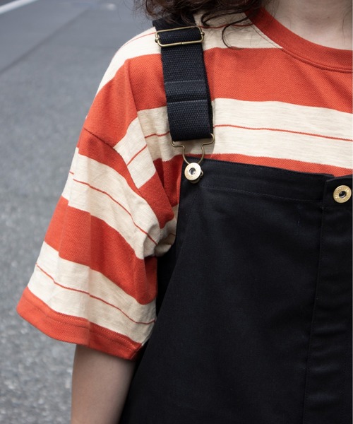UNIVERSAL OVERALL（ユニバーサルオーバーオール）の「ボーダーTシャツ / BORDER OVER TEE（Tシャツ/カットソー・メンズ・ブラック×グリーン/グリーン系その他2/オレンジ系その他2・M/S/XL/L）」の17枚目の写真