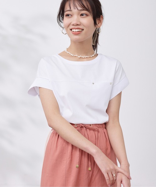 Chez toi(シェトワ)の「機能素材リブ切替フレンチT(Tシャツ/カットソー・レディース・グリーン/ブラック/グレー/オフホワイト・FREE)」の1枚目の写真