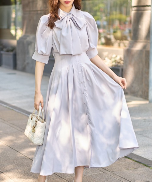 tocco closet（トッコ　クローゼット）の「２ＷＡＹボウタイリボン付きウエストタックバックレースアップワンピース（ワンピース・レディース・ベージュ系その他/グレイッシュブルー/ブラック・M）」の3枚目の写真