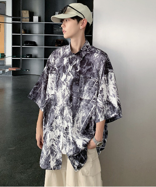 neos(ネオス)の「【neos -addictive design-】ビッグシルエット マーブル 総柄 ハーフスリーブ シャツ(シャツ/ブラウス・メンズ・ホワイト/ブラック・MEDIUM/LARGE/X-LARGE)」の3枚目の写真