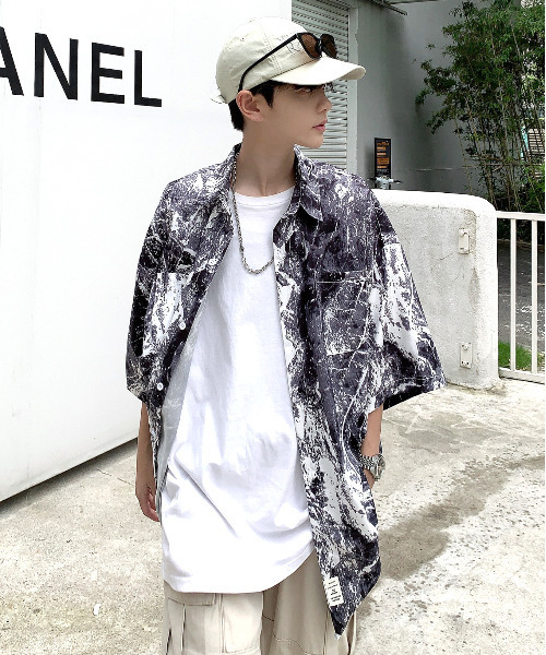 neos(ネオス)の「【neos -addictive design-】ビッグシルエット マーブル 総柄 ハーフスリーブ シャツ(シャツ/ブラウス・メンズ・ホワイト/ブラック・MEDIUM/LARGE/X-LARGE)」の10枚目の写真