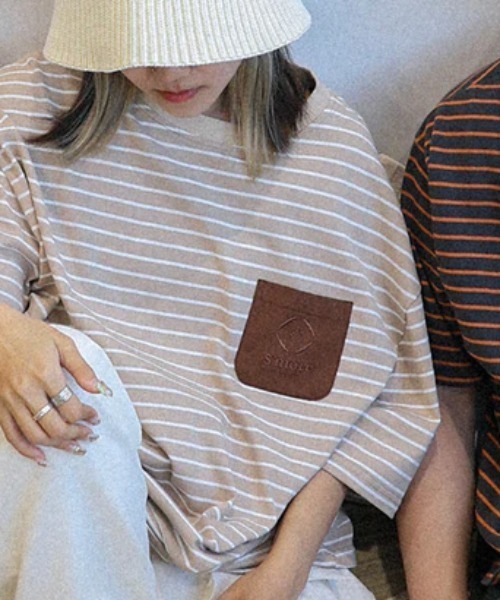 S'more(スモア)の「BORDER POCKET S/S T SHIRTS (SS)(Tシャツ/カットソー・レディース・ホワイト/ベージュ/ブラウン・SMALL/LARGE/X-LARGE/MEDIUM)」の3枚目の写真