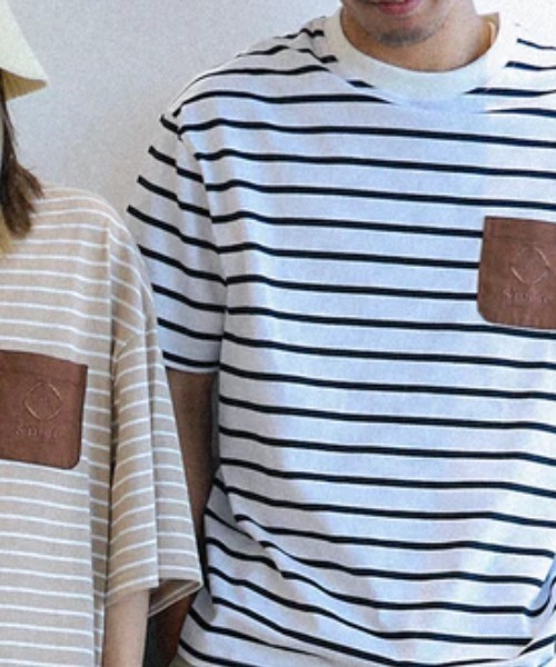 S'more(スモア)の「BORDER POCKET S/S T SHIRTS (SS)(Tシャツ/カットソー・レディース・ホワイト/ベージュ/ブラウン・SMALL/LARGE/X-LARGE/MEDIUM)」の1枚目の写真