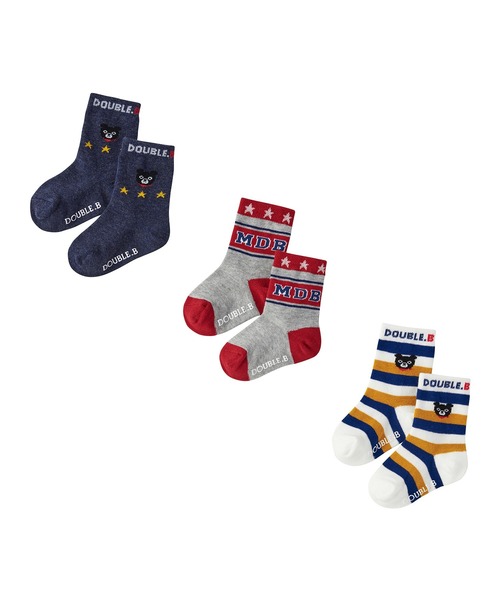 DOUBLE_B(ダブルビー)の「ソックスパック3足セット(11cm-21㎝)(ソックス/靴下・キッズ・ホワイト/マルチ/ブルー・15cm/17cm/13cm/19cm/11cm/13-15cm/19-21cm/11-13cm/17-19cm/15-17cm)」の2枚目の写真