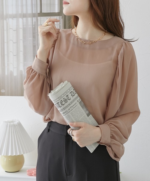 nissen(ニッセン)の「シアー素材 バルーンスリーブブラウス(シャツ/ブラウス・レディース・モカ/グリーン/ブラック・LL/L/M)」の1枚目の写真