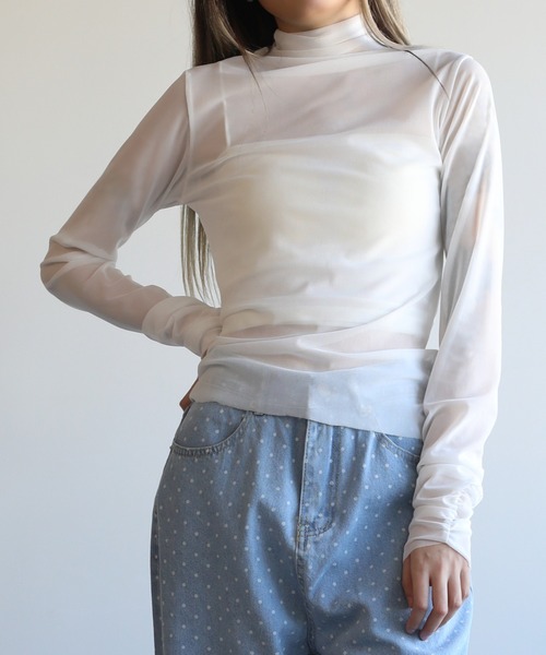Jasmine Grandiflorum(ジャスミングランディフローラム)の「【Jasmine】シアーハイネックメッシュトップス(Tシャツ/カットソー・レディース・ブラック/ホワイト・FREE)」の1枚目の写真