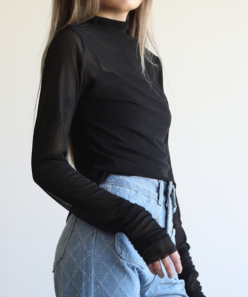Jasmine Grandiflorum(ジャスミングランディフローラム)の「【Jasmine】シアーハイネックメッシュトップス(Tシャツ/カットソー・レディース・ブラック/ホワイト・FREE)」の2枚目の写真