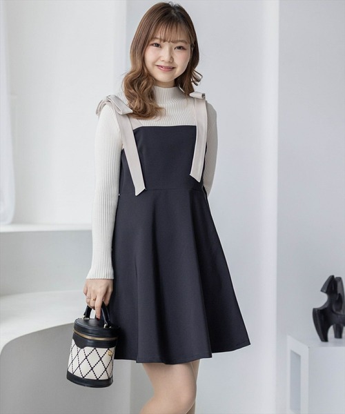 clear（クリア）の「肩リボン配色フレアミニワンピース≪2024SS≫（ワンピース・レディース・ベージュ/ベージュ系その他/ブラック/ブラック系その他・F）」の3枚目の写真