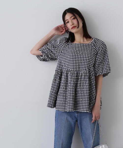 N.(N. Natural Beauty Basic)(エヌエヌナチュラルビューティーベーシック)の「◆フクレチェックボリュームブラウス(シャツ/ブラウス・レディース・オレンジ系その他/ホワイト系その他/オフホワイト・MEDIUM)」の11枚目の写真