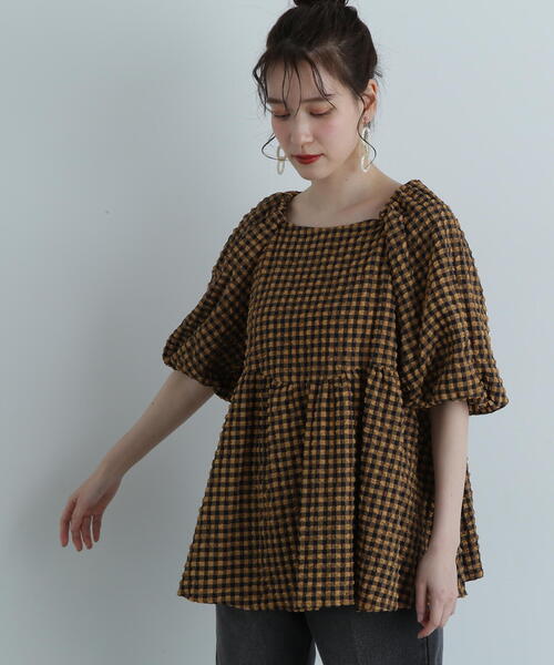 N.(N. Natural Beauty Basic)(エヌエヌナチュラルビューティーベーシック)の「◆フクレチェックボリュームブラウス(シャツ/ブラウス・レディース・オレンジ系その他/ホワイト系その他/オフホワイト・MEDIUM)」の20枚目の写真