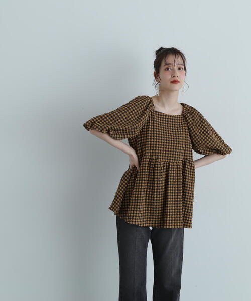 N.(N. Natural Beauty Basic)(エヌエヌナチュラルビューティーベーシック)の「◆フクレチェックボリュームブラウス(シャツ/ブラウス・レディース・オレンジ系その他/ホワイト系その他/オフホワイト・MEDIUM)」の21枚目の写真