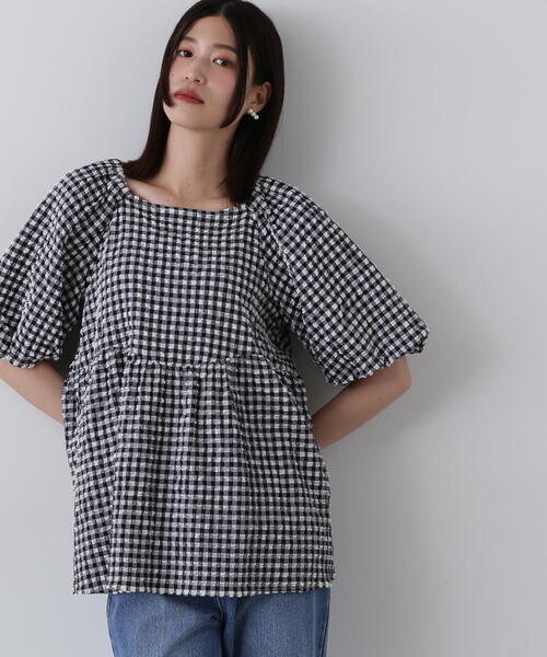 N.(N. Natural Beauty Basic)(エヌエヌナチュラルビューティーベーシック)の「◆フクレチェックボリュームブラウス(シャツ/ブラウス・レディース・オレンジ系その他/ホワイト系その他/オフホワイト・MEDIUM)」の2枚目の写真