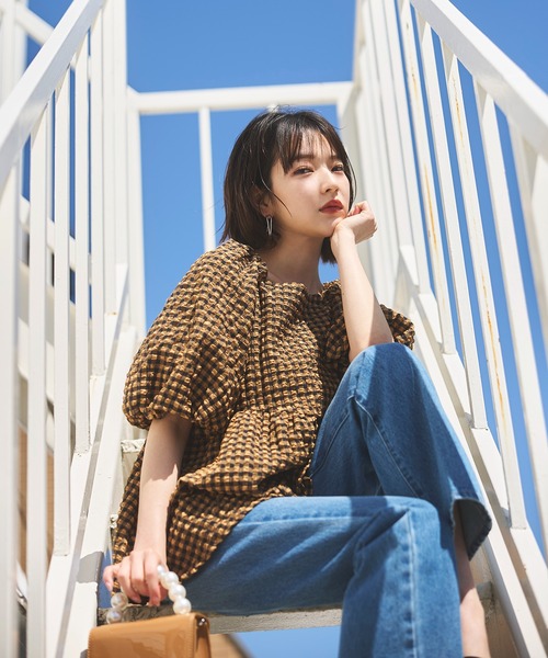 N.(N. Natural Beauty Basic)(エヌエヌナチュラルビューティーベーシック)の「◆フクレチェックボリュームブラウス(シャツ/ブラウス・レディース・オレンジ系その他/ホワイト系その他/オフホワイト・MEDIUM)」の3枚目の写真