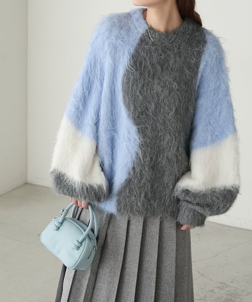 BONLECILL（ボンルシール）の「キャンディシャギーニュアンス配色ニットプルオーバー（ニット/セーター・レディース・チャコールグレー/グリーン/ピンク・FREE）」の5枚目の写真