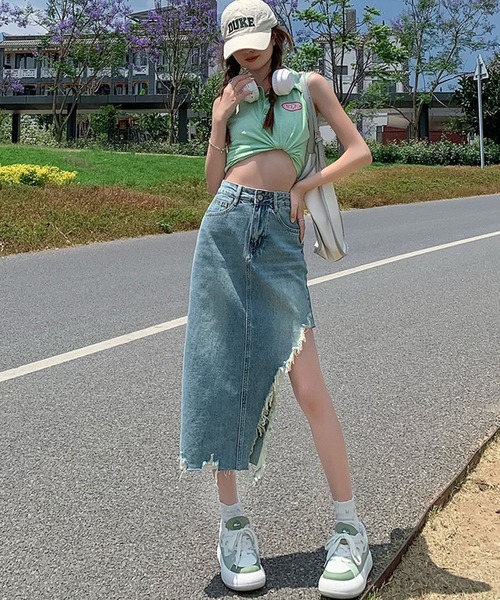 GLAMOROUS JANE（グラマラスジェーン）の「ダメージデニムミディースカート（デニムスカート・レディース・ブルー・S/M/L）」の10枚目の写真