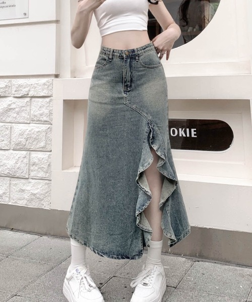セール】フリルオープンロングデニムスカート（デニムスカート