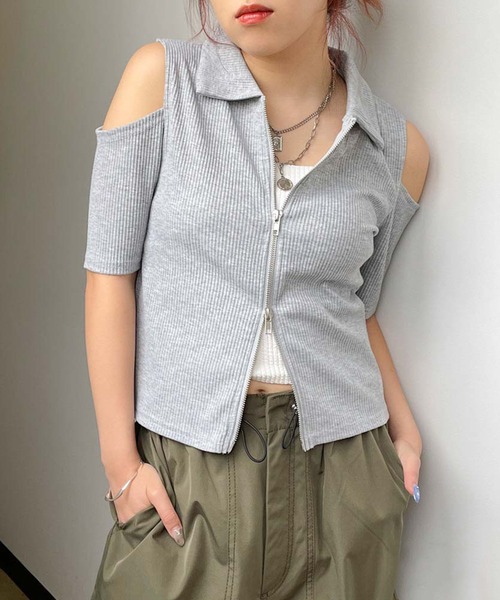 セール】《肩あき×ダブルジップ》レディース リブトップス クロップド