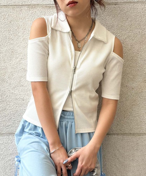 セール】《肩あき×ダブルジップ》レディース リブトップス