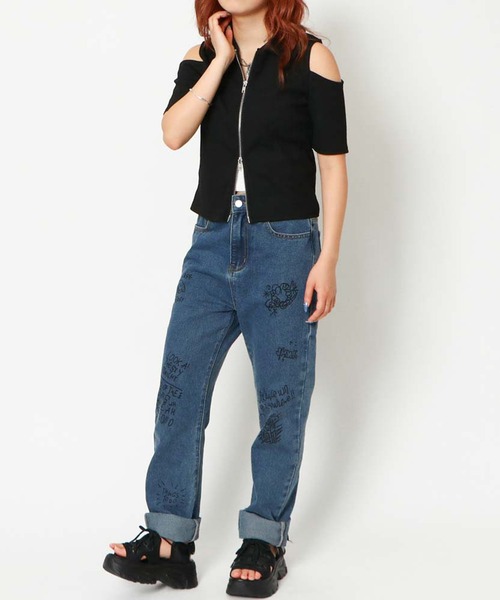 セール】《肩あき×ダブルジップ》レディース リブトップス クロップド