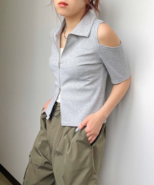 セール】《肩あき×ダブルジップ》レディース リブトップス クロップド