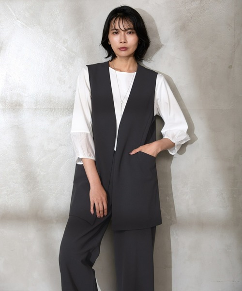 A/C DESIGN BY ALPHA CUBIC（エーシーデザインバイアルファキュービック）の「【セットアップ対応】ジョーゼットロングジレ（ノーカラージャケット・レディース・ネイビー/チャコールグレー・9号/11号/13号）」の2枚目の写真