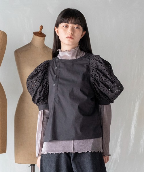 mintdesigns(ミントデザインズ)の「VELOUR MESH TOP / ベロアメッシュトップ(Tシャツ/カットソー・レディース・チャコール/オフホワイト/ブルー・2)」の2枚目の写真
